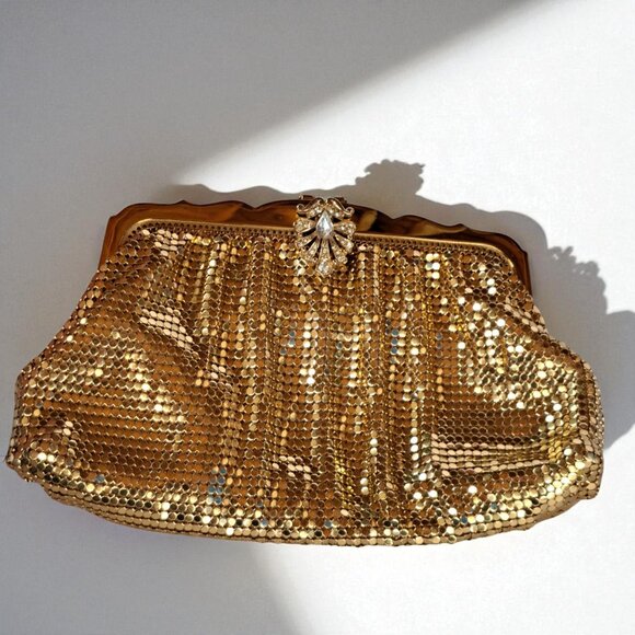 Whiting & Davis Gold Mesh Clutch Rhinestone Accent Vintage USA - Picture 1 of 13